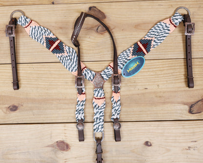 Grey, White &amp; Cream Mohair Western Headstall Tack Set with 32” Front Girth – Complete 5-Piece Set on Argentina Leather – Antique Copper Hardware – Handcrafted