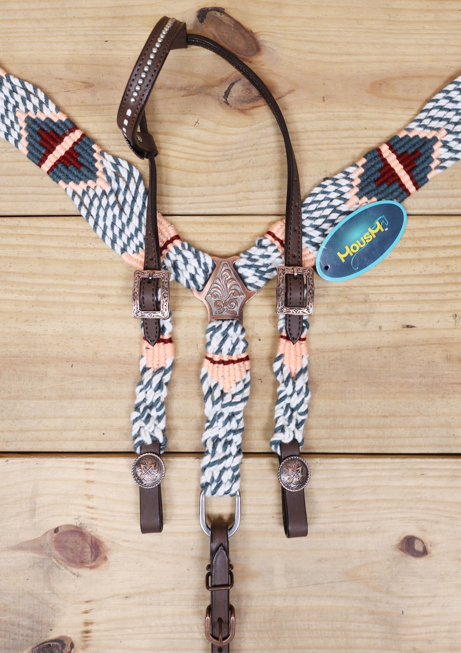 Grey, White &amp; Cream Mohair Western Headstall Tack Set with 32” Front Girth – Complete 5-Piece Set on Argentina Leather – Antique Copper Hardware – Handcrafted