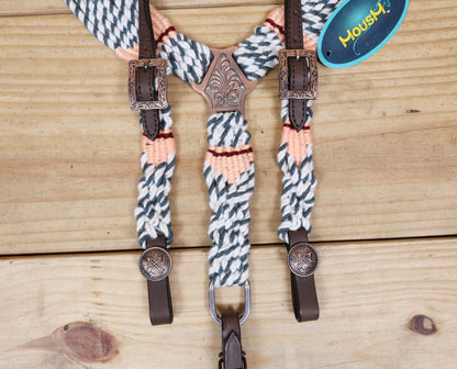 Grey, White &amp; Cream Mohair Western Headstall Tack Set with 32” Front Girth – Complete 5-Piece Set on Argentina Leather – Antique Copper Hardware – Handcrafted
