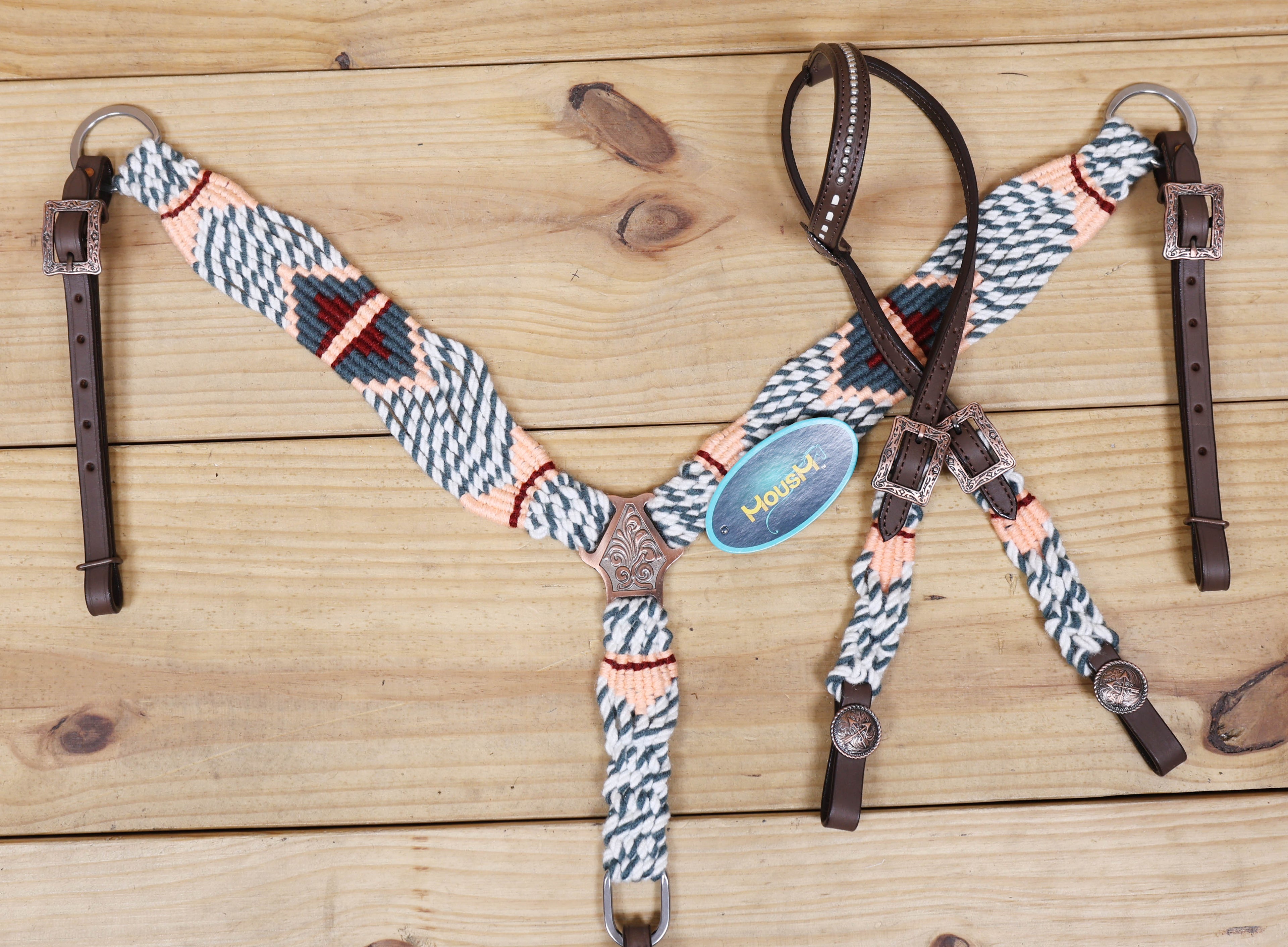 Grey, White &amp; Cream Mohair Western Headstall Tack Set with 32” Front Girth – Complete 5-Piece Set on Argentina Leather – Antique Copper Hardware – Handcrafted