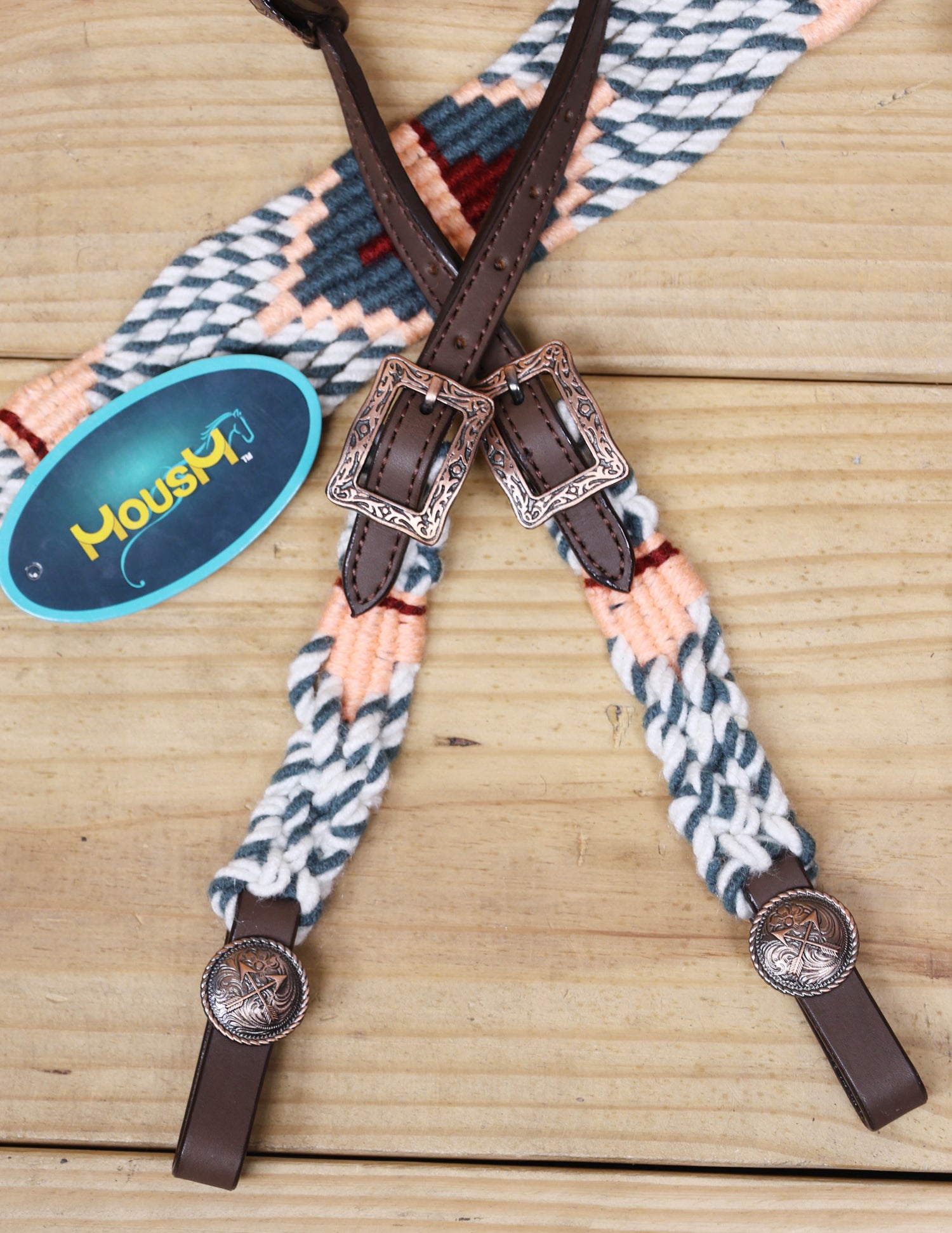Grey, White &amp; Cream Mohair Western Headstall Tack Set with 32” Front Girth – Complete 5-Piece Set on Argentina Leather – Antique Copper Hardware – Handcrafted