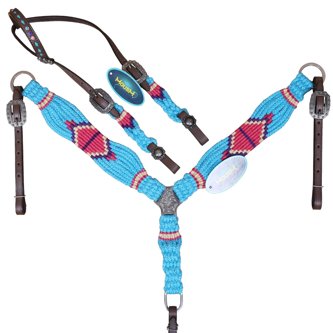 Sky Blue, Light Red &amp; Purple Mohair Western Headstall Tack Set with 32” Front Girth – Complete 5-Piece Set on Argentina Leather – Antique Copper Hardware – Handcrafted