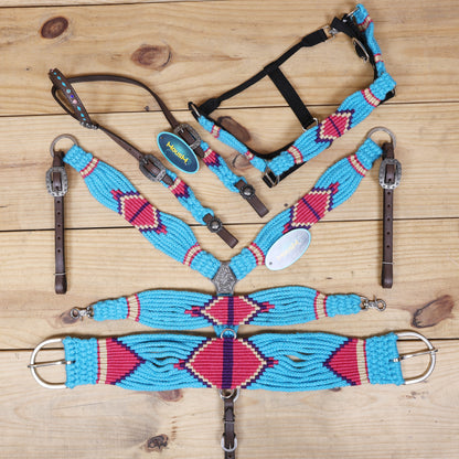 Sky Blue, Light Red &amp; Purple Mohair Western Headstall Tack Set with 32” Front Girth – Complete 5-Piece Set on Argentina Leather – Antique Copper Hardware – Handcrafted