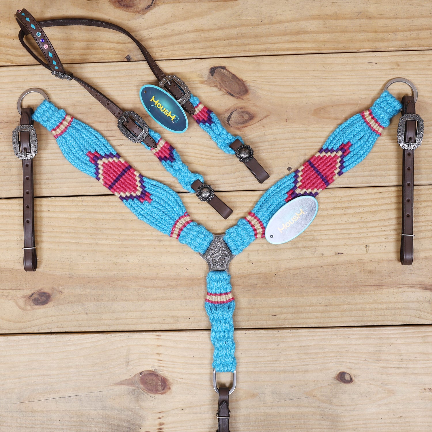 Sky Blue, Light Red &amp; Purple Mohair Western Headstall Tack Set with 32” Front Girth – Complete 5-Piece Set on Argentina Leather – Antique Copper Hardware – Handcrafted