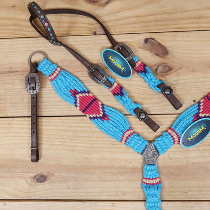 Sky Blue, Light Red &amp; Purple Mohair Western Headstall Tack Set with 32” Front Girth – Complete 5-Piece Set on Argentina Leather – Antique Copper Hardware – Handcrafted