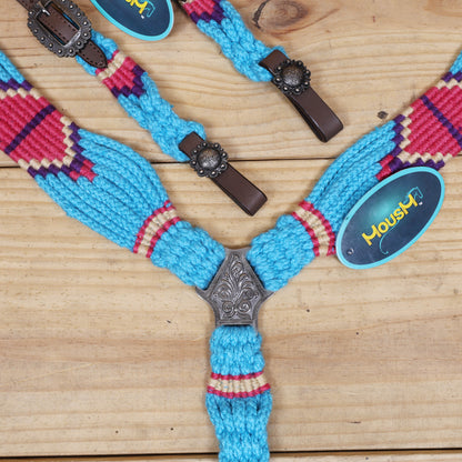 Sky Blue, Light Red &amp; Purple Mohair Western Headstall Tack Set with 32” Front Girth – Complete 5-Piece Set on Argentina Leather – Antique Copper Hardware – Handcrafted