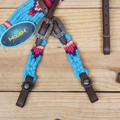 Sky Blue, Light Red &amp; Purple Mohair Western Headstall Tack Set with 32” Front Girth – Complete 5-Piece Set on Argentina Leather – Antique Copper Hardware – Handcrafted