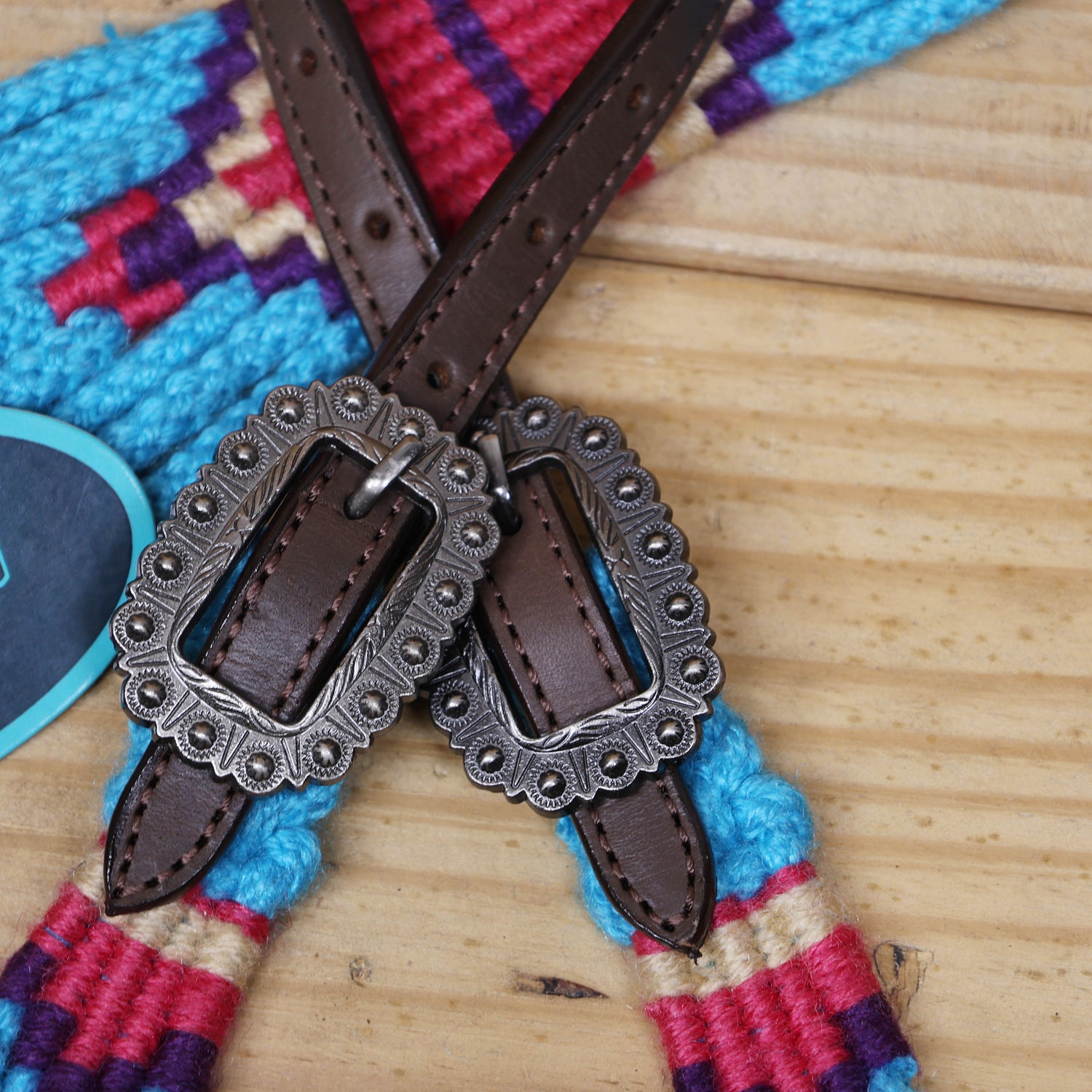 Sky Blue, Light Red &amp; Purple Mohair Western Headstall Tack Set with 32” Front Girth – Complete 5-Piece Set on Argentina Leather – Antique Copper Hardware – Handcrafted