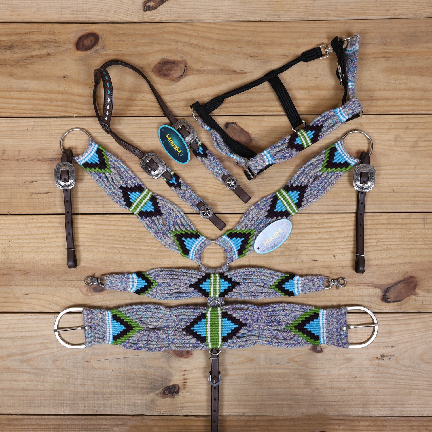 Grey, Green, Purple &amp; Sky Blue Mohair Western Headstall Tack Set with 32” Front Girth – Complete 5-Piece Set on Argentina Leather – Antique Copper Hardware – Handcrafted