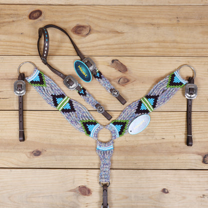 Grey, Green, Purple &amp; Sky Blue Mohair Western Headstall Tack Set with 32” Front Girth – Complete 5-Piece Set on Argentina Leather – Antique Copper Hardware – Handcrafted