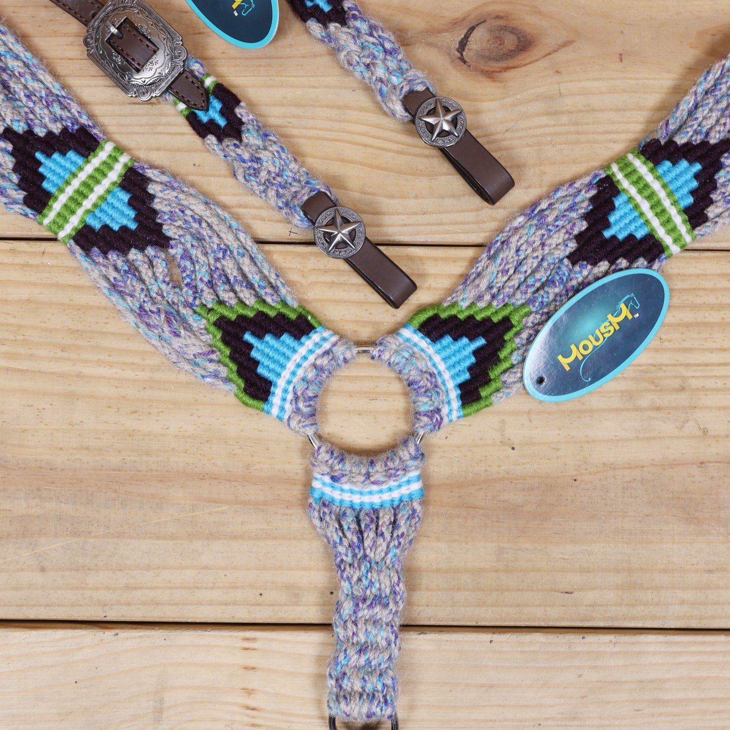 Grey, Green, Purple &amp; Sky Blue Mohair Western Headstall Tack Set with 32” Front Girth – Complete 5-Piece Set on Argentina Leather – Antique Copper Hardware – Handcrafted