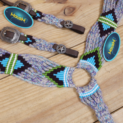 Grey, Green, Purple &amp; Sky Blue Mohair Western Headstall Tack Set with 32” Front Girth – Complete 5-Piece Set on Argentina Leather – Antique Copper Hardware – Handcrafted