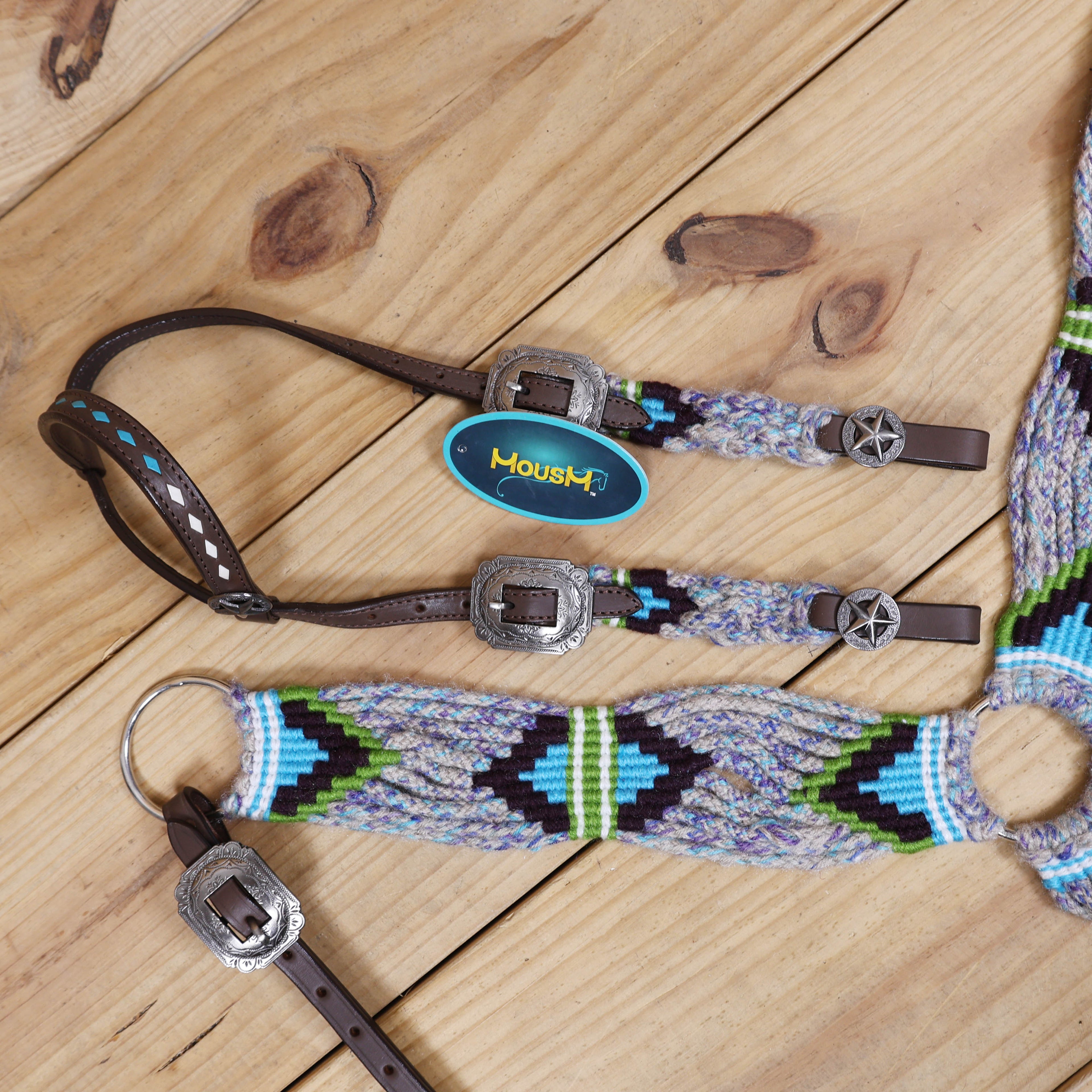 Grey, Green, Purple &amp; Sky Blue Mohair Western Headstall Tack Set with 32” Front Girth – Complete 5-Piece Set on Argentina Leather – Antique Copper Hardware – Handcrafted