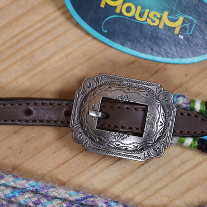 Grey, Green, Purple &amp; Sky Blue Mohair Western Headstall Tack Set with 32” Front Girth – Complete 5-Piece Set on Argentina Leather – Antique Copper Hardware – Handcrafted