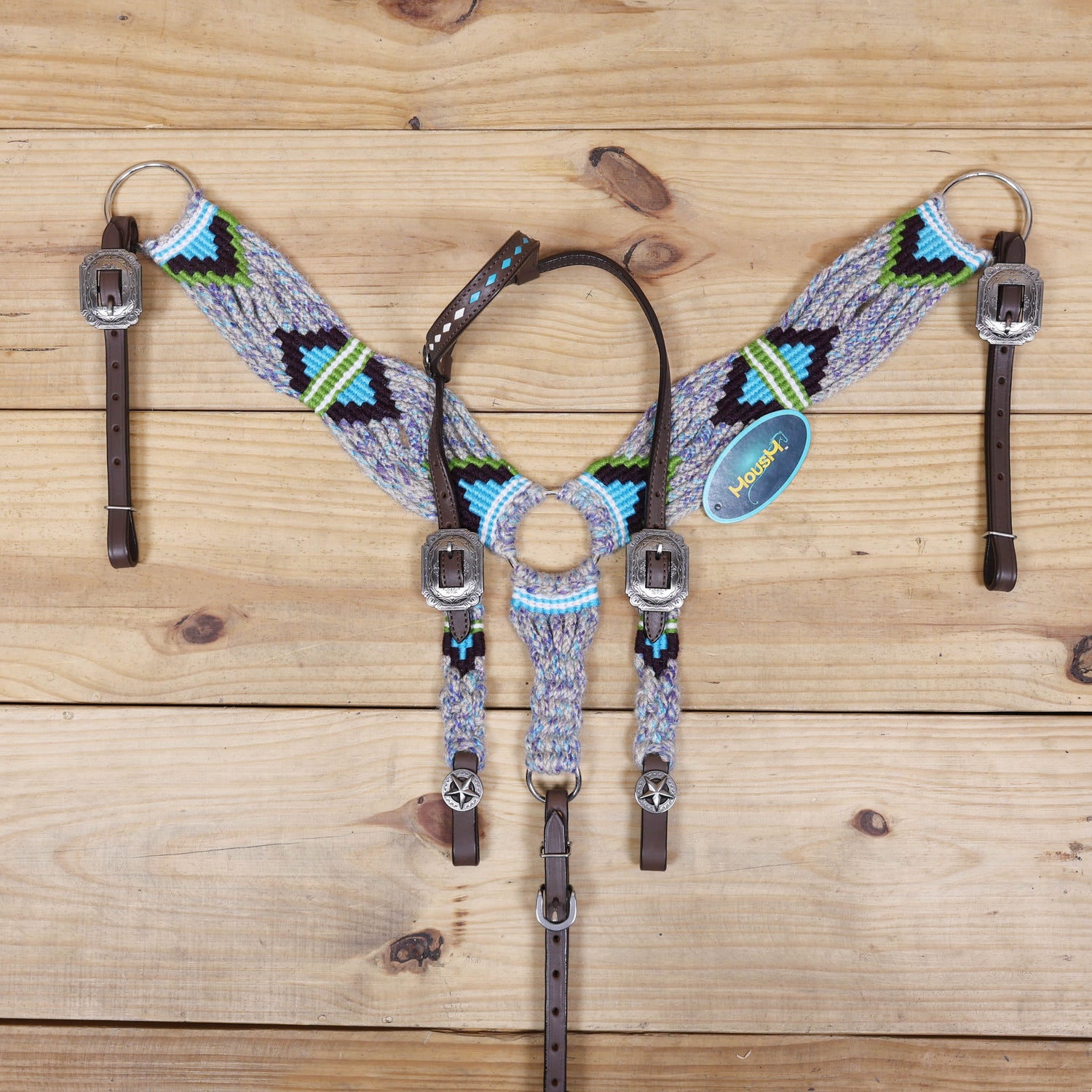 Grey, Green, Purple &amp; Sky Blue Mohair Western Headstall Tack Set with 32” Front Girth – Complete 5-Piece Set on Argentina Leather – Antique Copper Hardware – Handcrafted