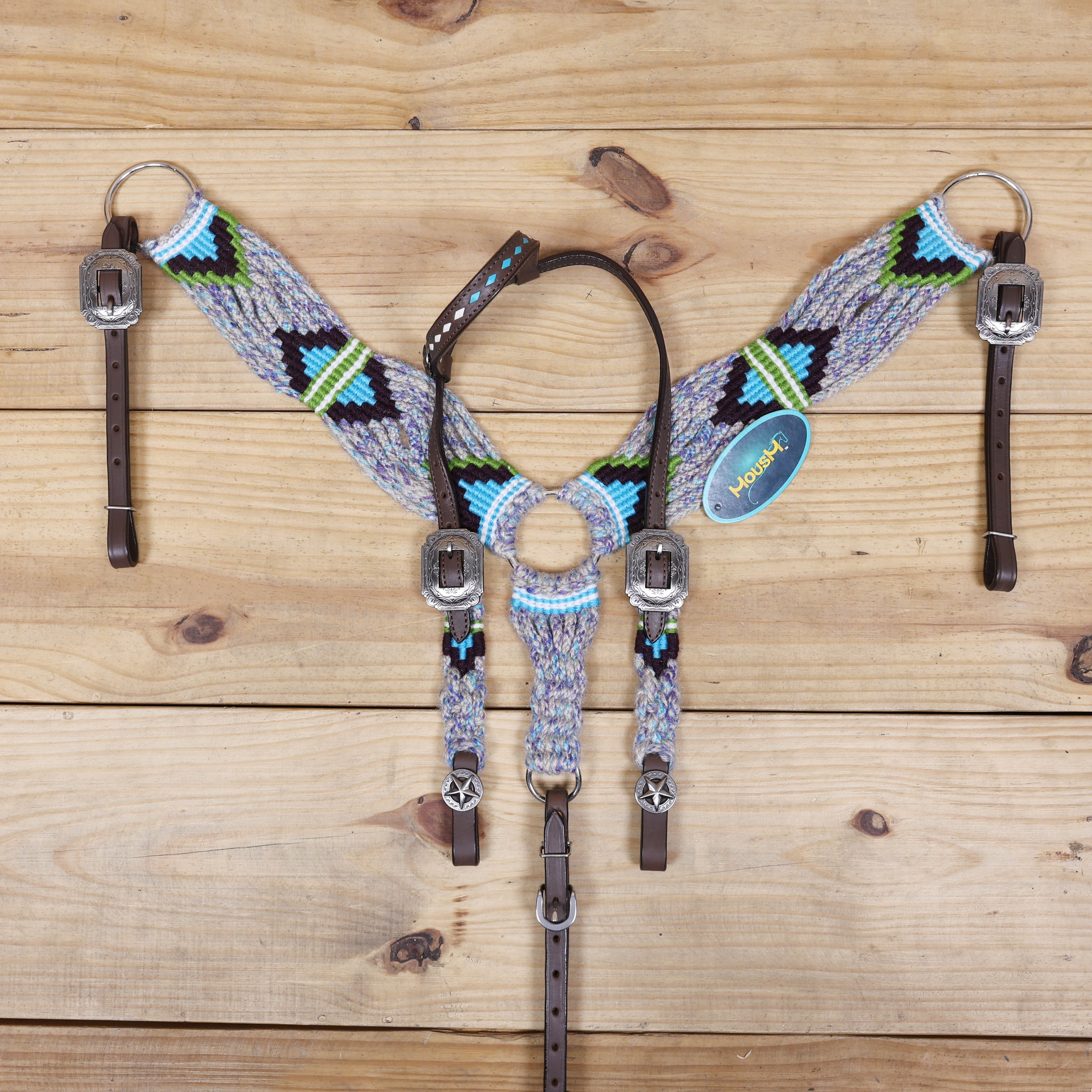 Grey, Green, Purple &amp; Sky Blue Mohair Western Headstall Tack Set with 32” Front Girth – Complete 5-Piece Set on Argentina Leather – Antique Copper Hardware – Handcrafted