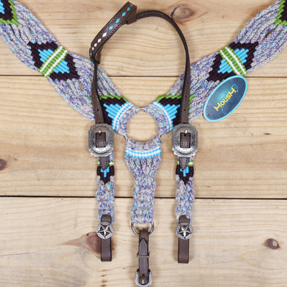 Grey, Green, Purple &amp; Sky Blue Mohair Western Headstall Tack Set with 32” Front Girth – Complete 5-Piece Set on Argentina Leather – Antique Copper Hardware – Handcrafted