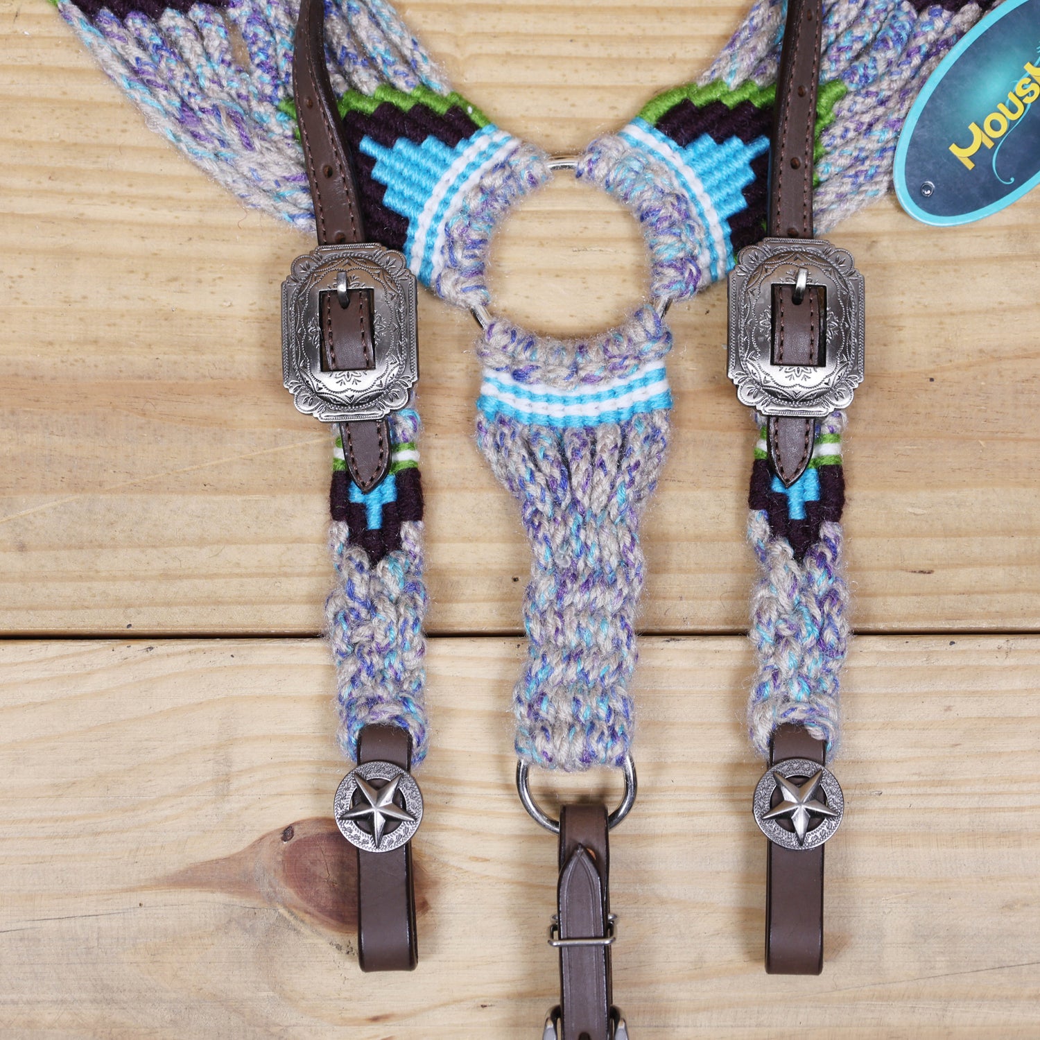 Grey, Green, Purple &amp; Sky Blue Mohair Western Headstall Tack Set with 32” Front Girth – Complete 5-Piece Set on Argentina Leather – Antique Copper Hardware – Handcrafted