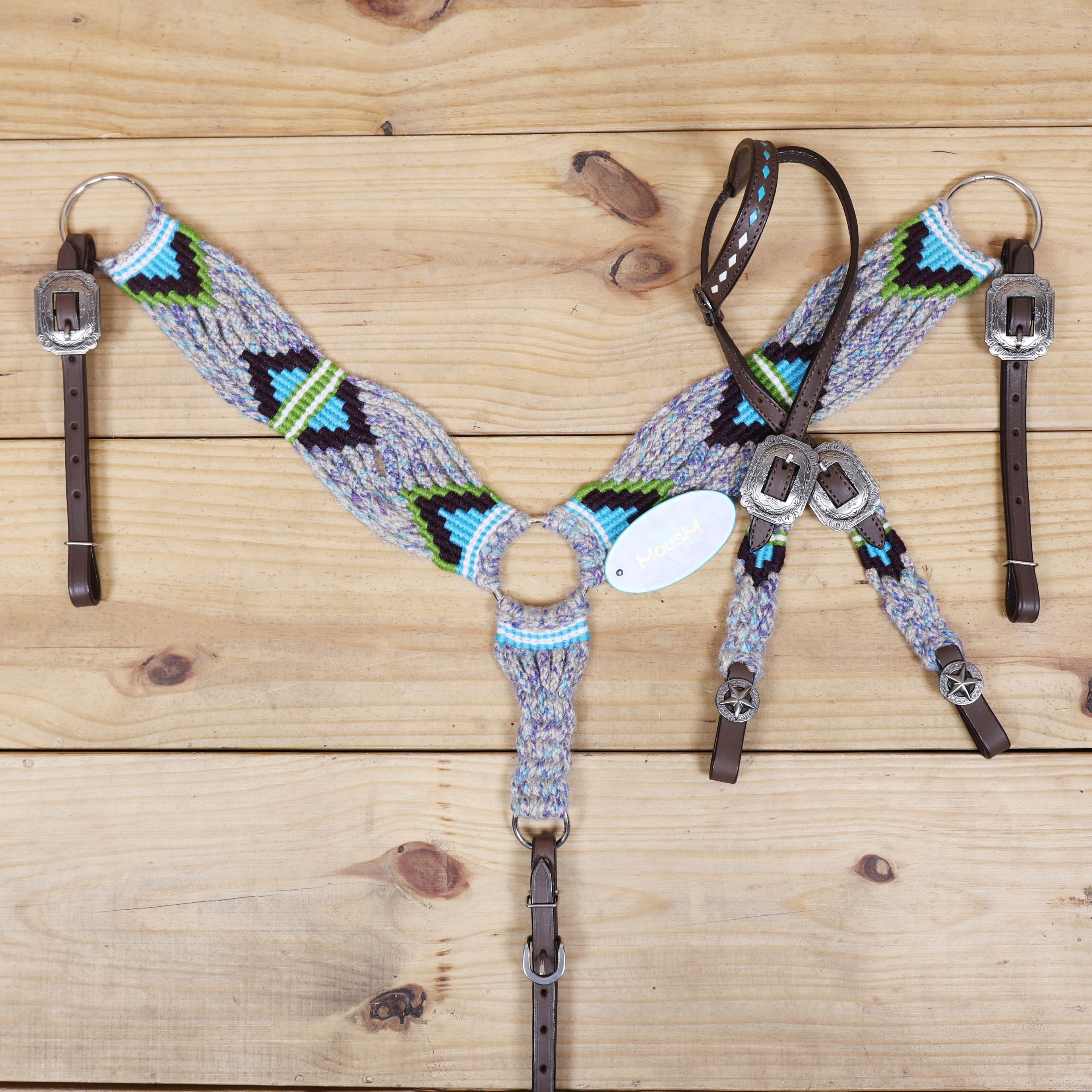 Grey, Green, Purple &amp; Sky Blue Mohair Western Headstall Tack Set with 32” Front Girth – Complete 5-Piece Set on Argentina Leather – Antique Copper Hardware – Handcrafted