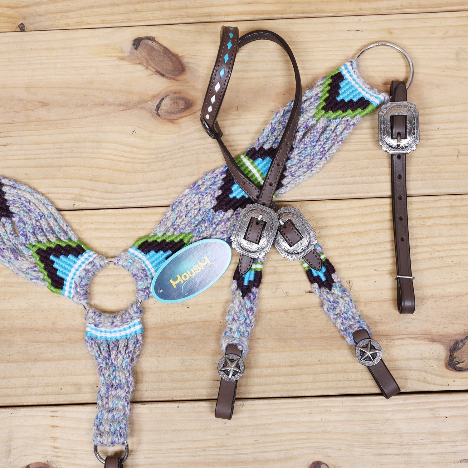 Grey, Green, Purple &amp; Sky Blue Mohair Western Headstall Tack Set with 32” Front Girth – Complete 5-Piece Set on Argentina Leather – Antique Copper Hardware – Handcrafted