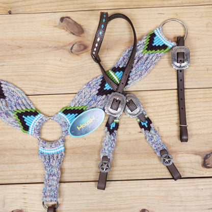 Grey, Green, Purple &amp; Sky Blue Mohair Western Headstall Tack Set with 32” Front Girth – Complete 5-Piece Set on Argentina Leather – Antique Copper Hardware – Handcrafted