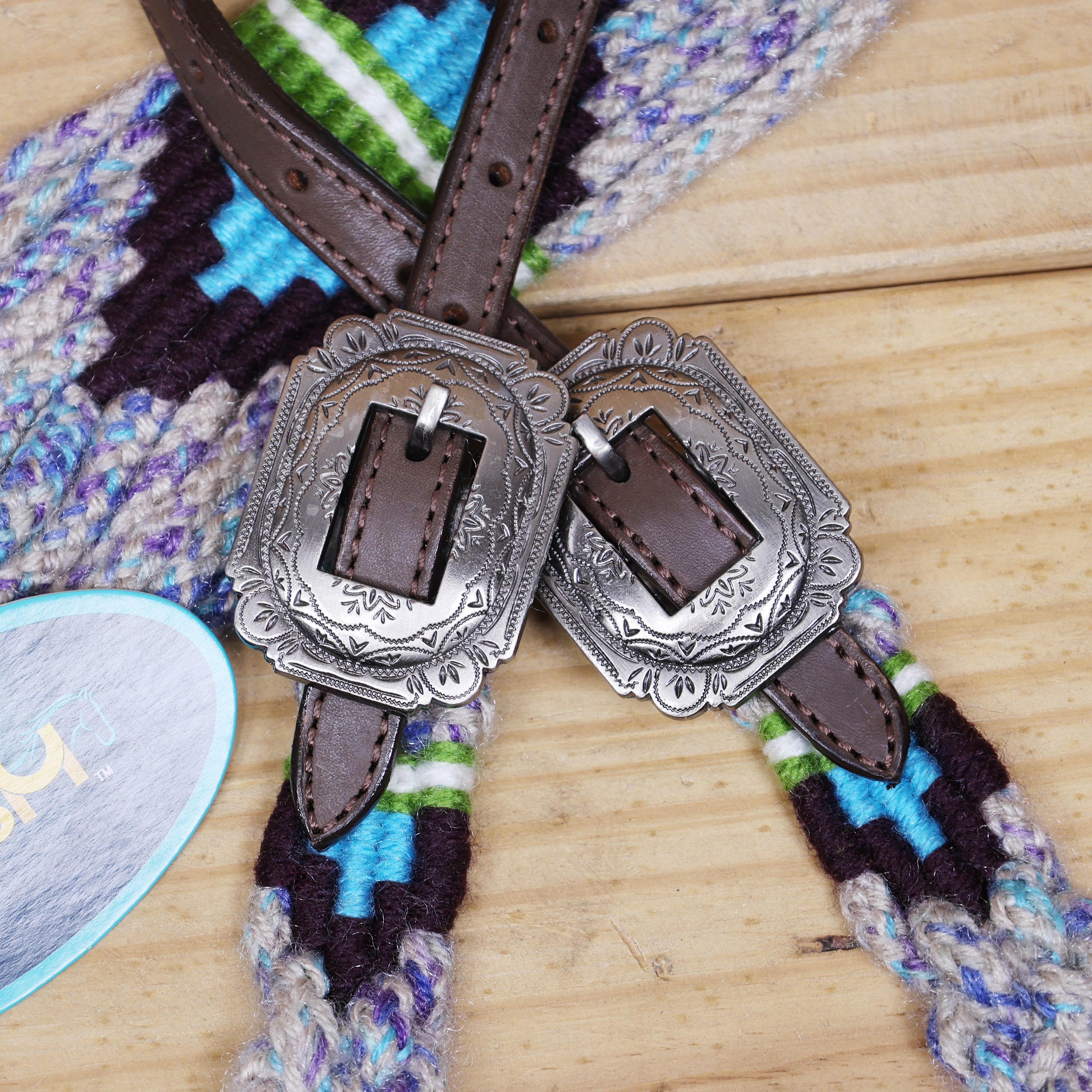 Grey, Green, Purple &amp; Sky Blue Mohair Western Headstall Tack Set with 32” Front Girth – Complete 5-Piece Set on Argentina Leather – Antique Copper Hardware – Handcrafted