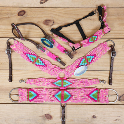 Pink, Teal &amp; Green Mohair Western Headstall Tack Set with 32” Front Girth – Complete 5-Piece Set on Argentina Leather – Antique Copper Hardware – Handcrafted