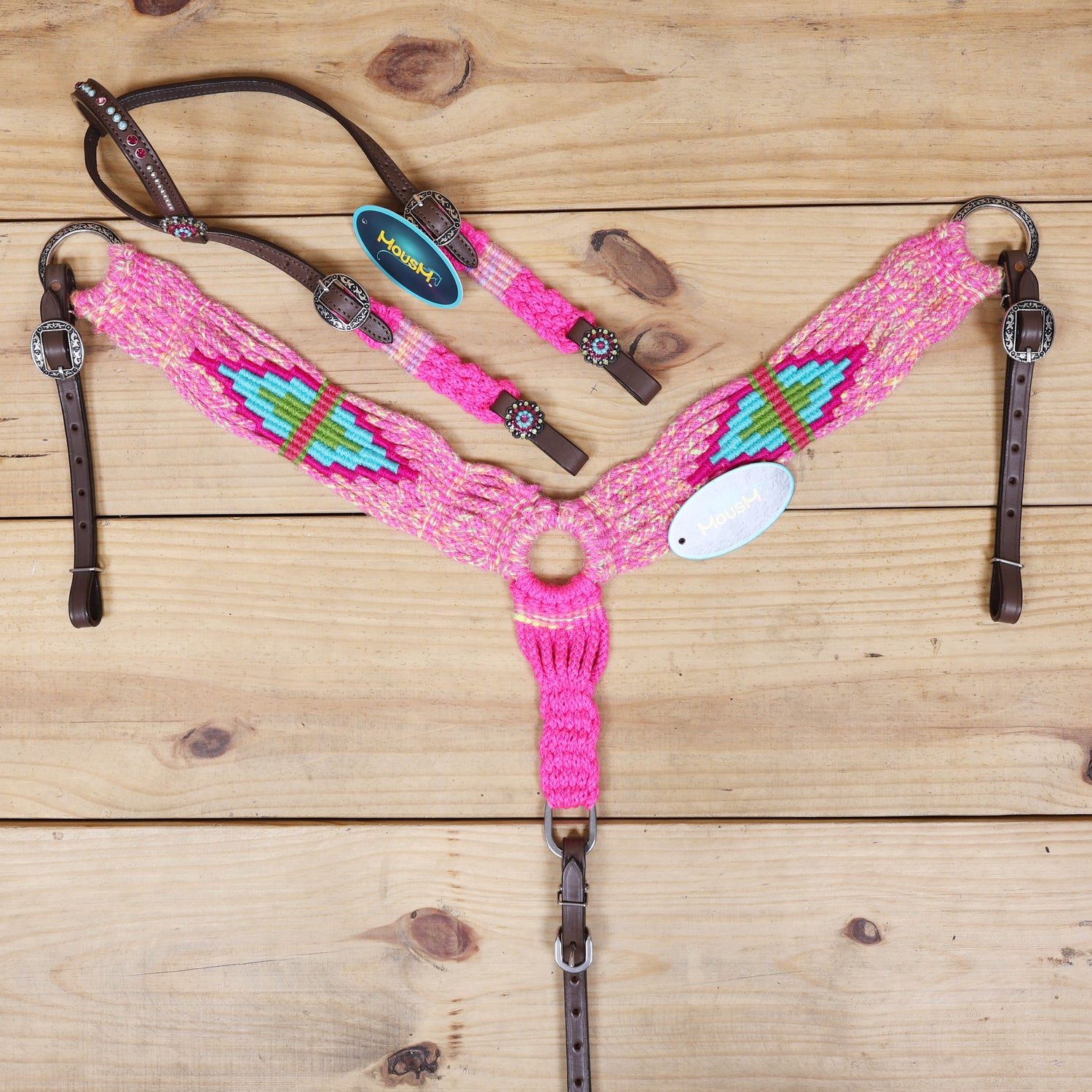 Pink, Teal &amp; Green Mohair Western Headstall Tack Set with 32” Front Girth – Complete 5-Piece Set on Argentina Leather – Antique Copper Hardware – Handcrafted