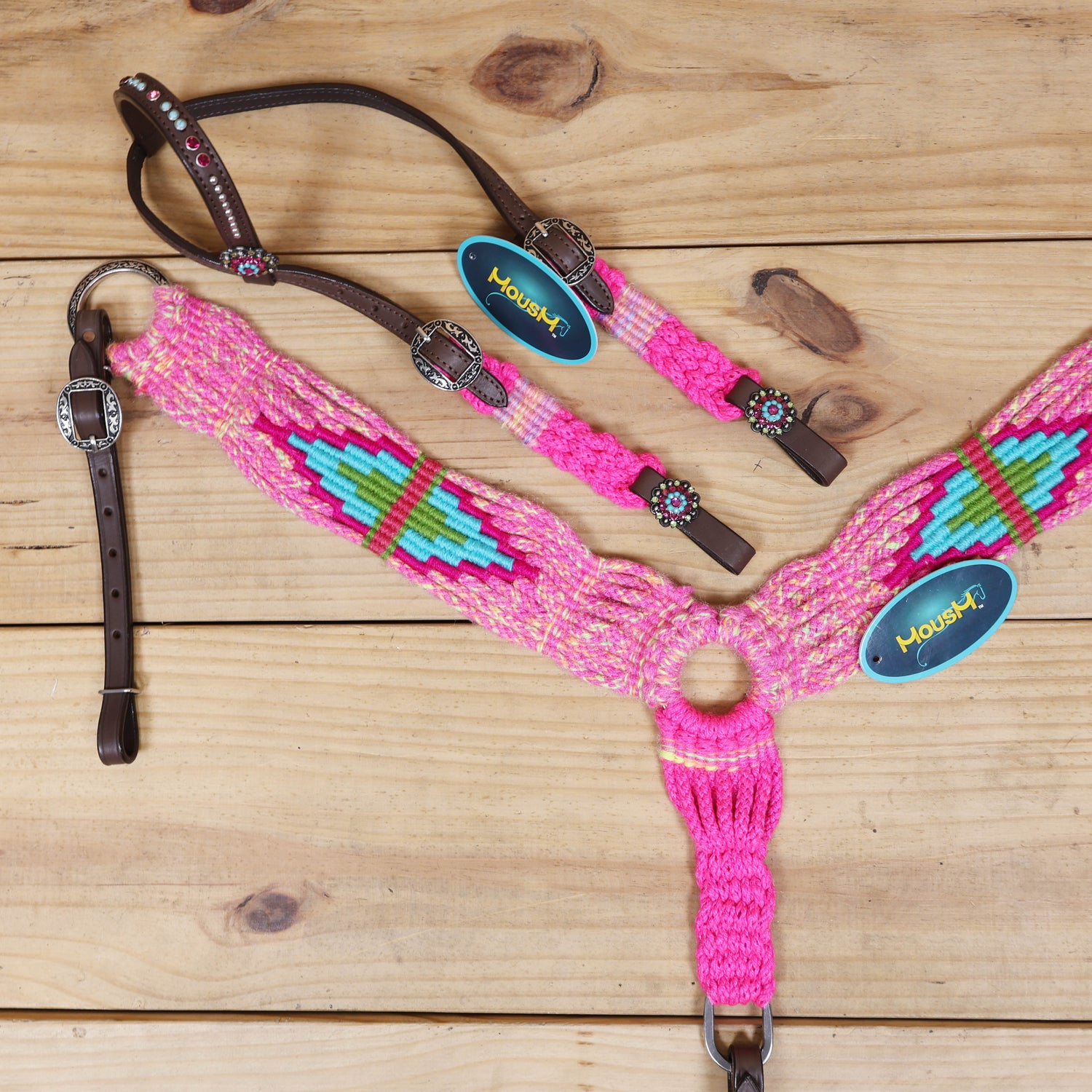 Pink, Teal &amp; Green Mohair Western Headstall Tack Set with 32” Front Girth – Complete 5-Piece Set on Argentina Leather – Antique Copper Hardware – Handcrafted