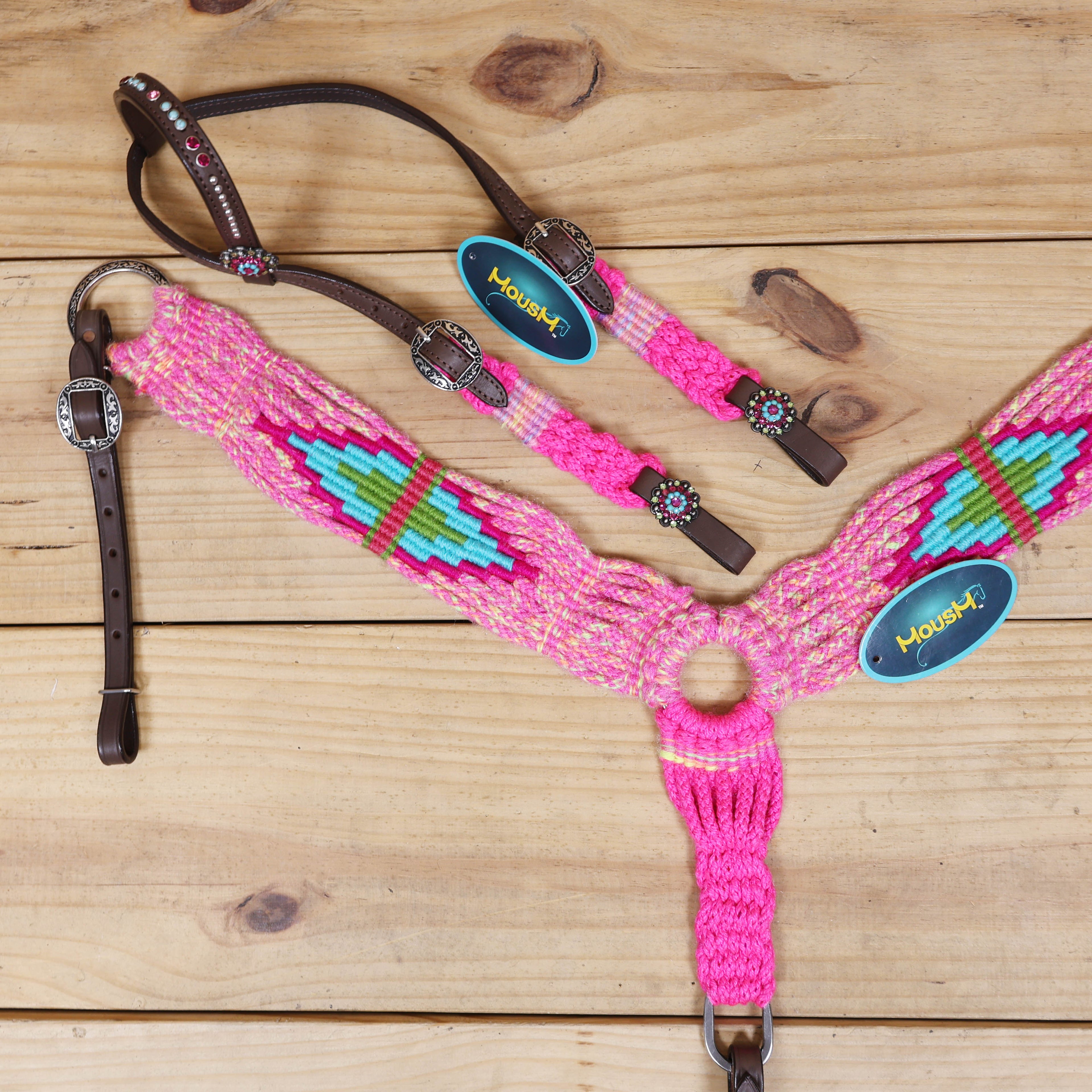 Pink, Teal &amp; Green Mohair Western Headstall Tack Set with 32” Front Girth – Complete 5-Piece Set on Argentina Leather – Antique Copper Hardware – Handcrafted