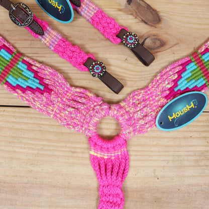 Pink, Teal &amp; Green Mohair Western Headstall Tack Set with 32” Front Girth – Complete 5-Piece Set on Argentina Leather – Antique Copper Hardware – Handcrafted