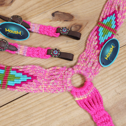 Pink, Teal &amp; Green Mohair Western Headstall Tack Set with 32” Front Girth – Complete 5-Piece Set on Argentina Leather – Antique Copper Hardware – Handcrafted