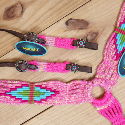 Pink, Teal &amp; Green Mohair Western Headstall Tack Set with 32” Front Girth – Complete 5-Piece Set on Argentina Leather – Antique Copper Hardware – Handcrafted