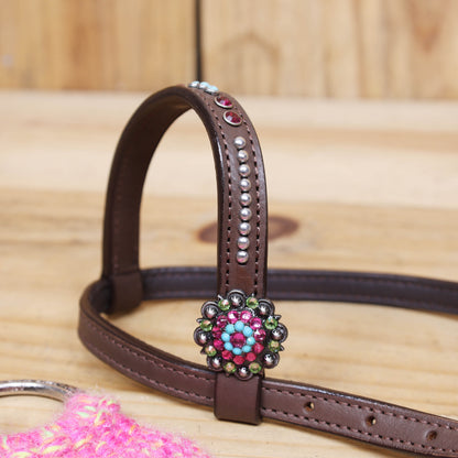 Pink, Teal &amp; Green Mohair Western Headstall Tack Set with 32” Front Girth – Complete 5-Piece Set on Argentina Leather – Antique Copper Hardware – Handcrafted