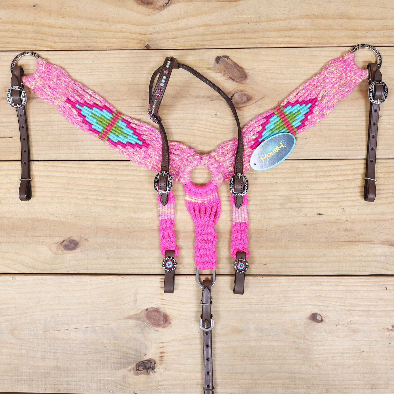 Pink, Teal &amp; Green Mohair Western Headstall Tack Set with 32” Front Girth – Complete 5-Piece Set on Argentina Leather – Antique Copper Hardware – Handcrafted