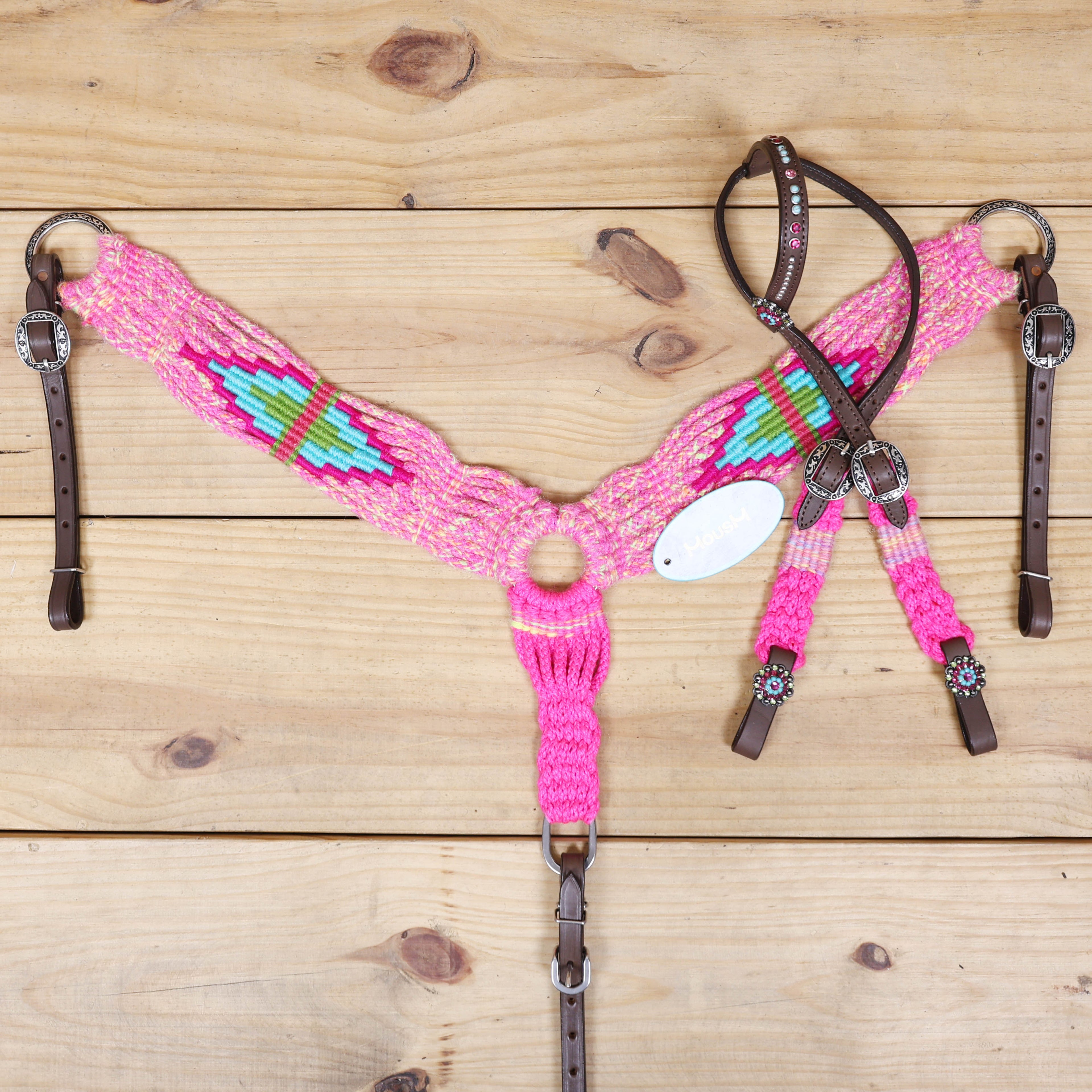 Pink, Teal &amp; Green Mohair Western Headstall Tack Set with 32” Front Girth – Complete 5-Piece Set on Argentina Leather – Antique Copper Hardware – Handcrafted