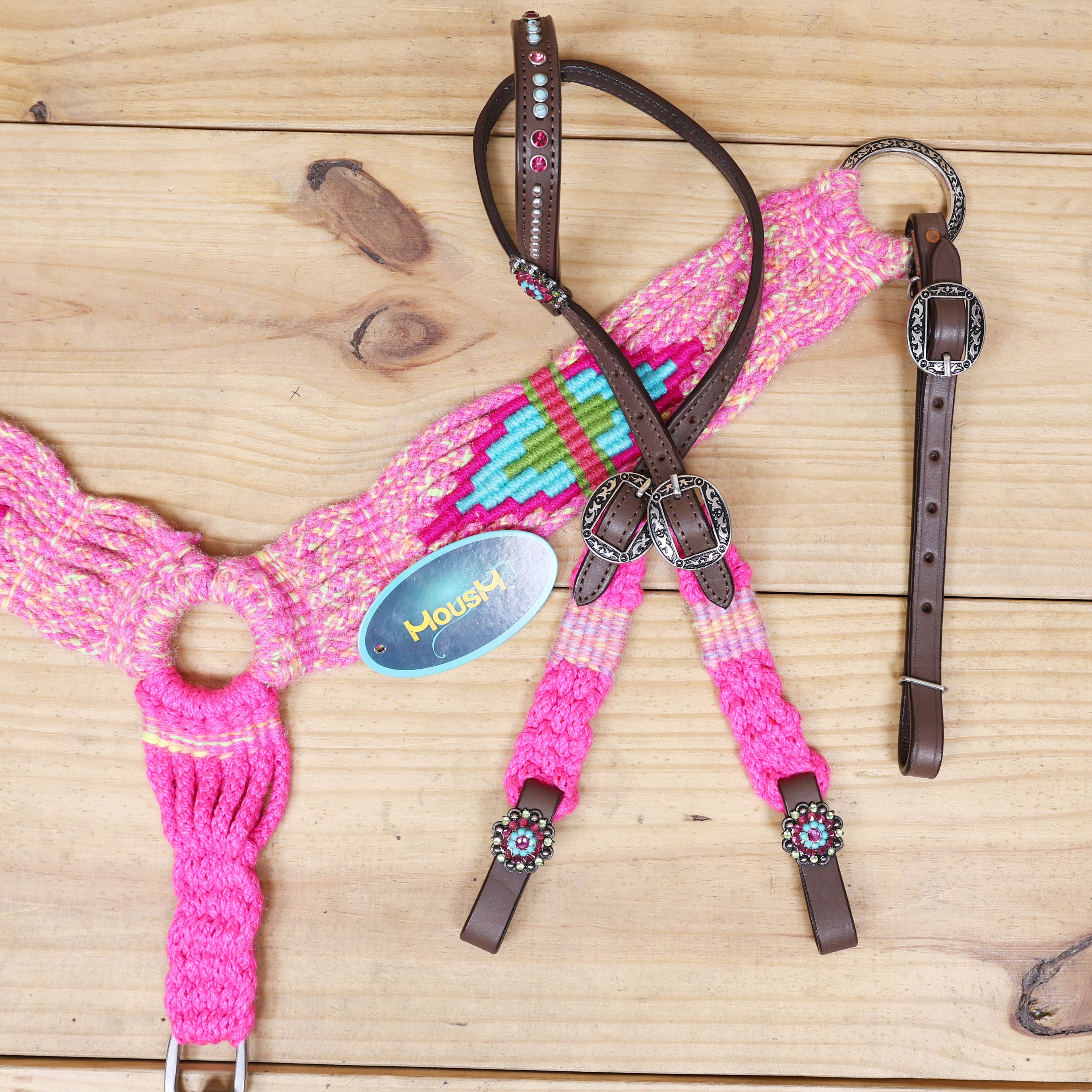 Pink, Teal &amp; Green Mohair Western Headstall Tack Set with 32” Front Girth – Complete 5-Piece Set on Argentina Leather – Antique Copper Hardware – Handcrafted