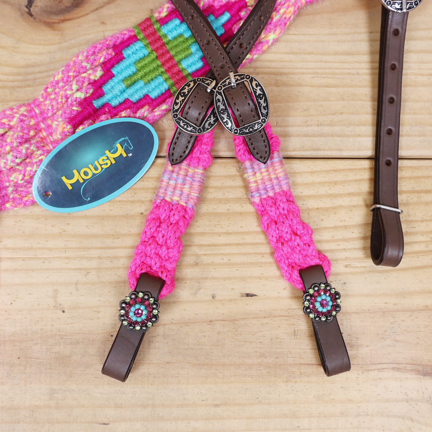Pink, Teal &amp; Green Mohair Western Headstall Tack Set with 32” Front Girth – Complete 5-Piece Set on Argentina Leather – Antique Copper Hardware – Handcrafted