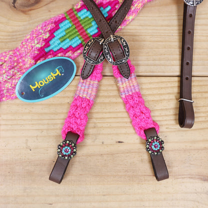 Pink, Teal &amp; Green Mohair Western Headstall Tack Set with 32” Front Girth – Complete 5-Piece Set on Argentina Leather – Antique Copper Hardware – Handcrafted