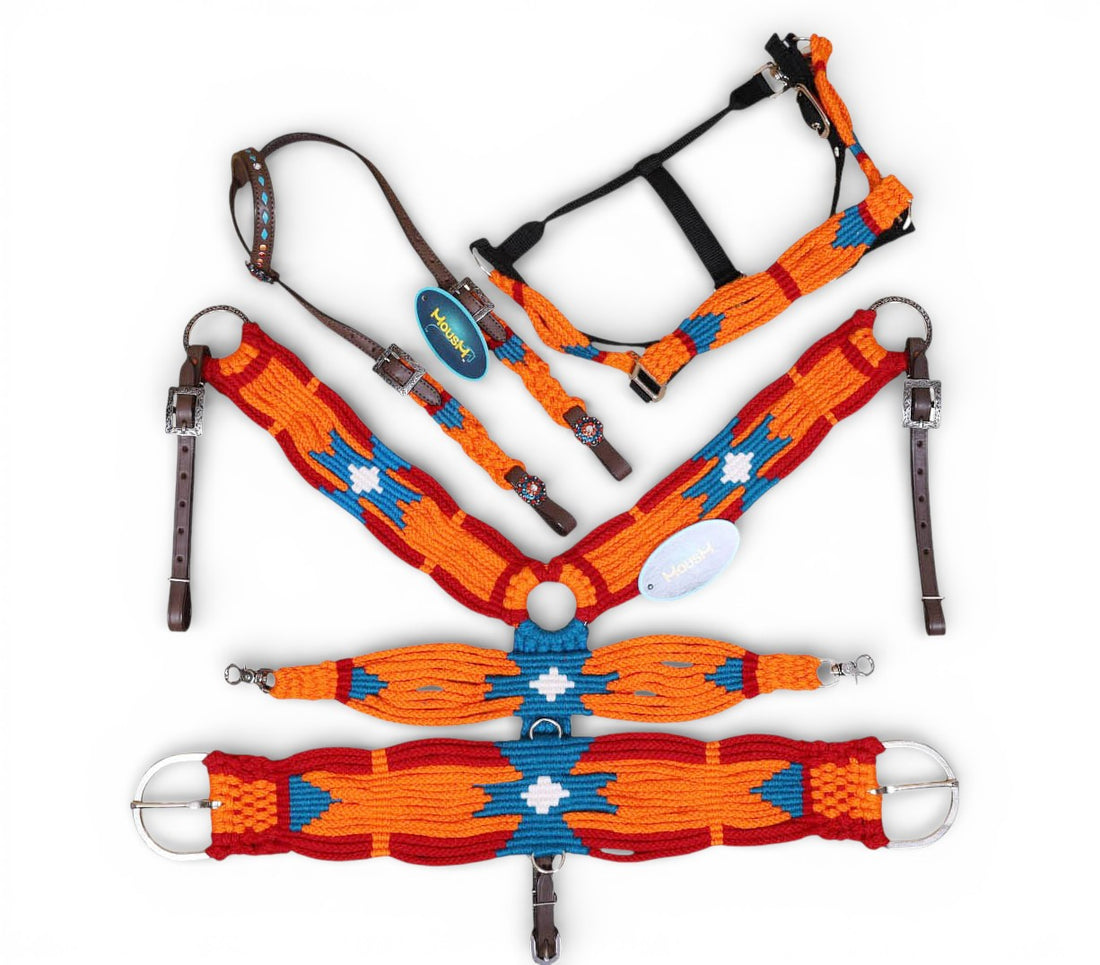 Orange, Blue &amp; Red Mohair Western Headstall Tack Set with 32” Front Girth – Complete 5-Piece Set on Argentina Leather – Antique Copper Hardware – Handcrafted