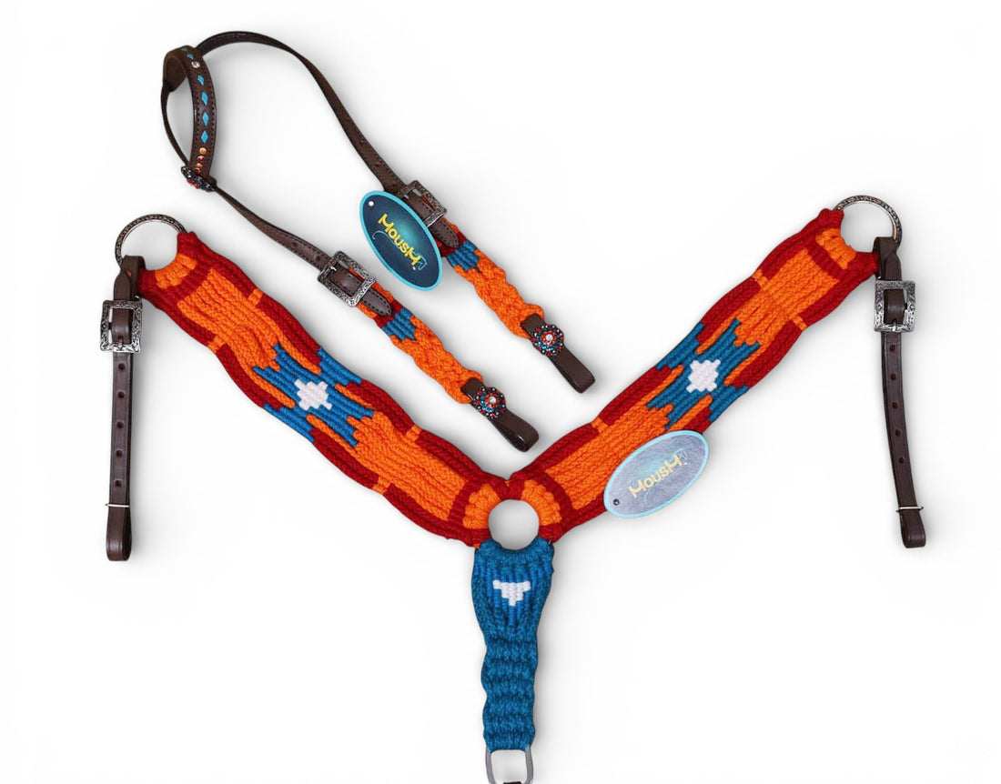 Orange, Blue &amp; Red Mohair Western Headstall Tack Set with 32” Front Girth – Complete 5-Piece Set on Argentina Leather – Antique Copper Hardware – Handcrafted