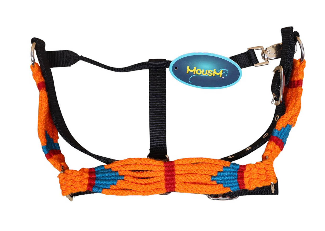 Orange, Blue &amp; Red Mohair Western Headstall Tack Set with 32” Front Girth – Complete 5-Piece Set on Argentina Leather – Antique Copper Hardware – Handcrafted