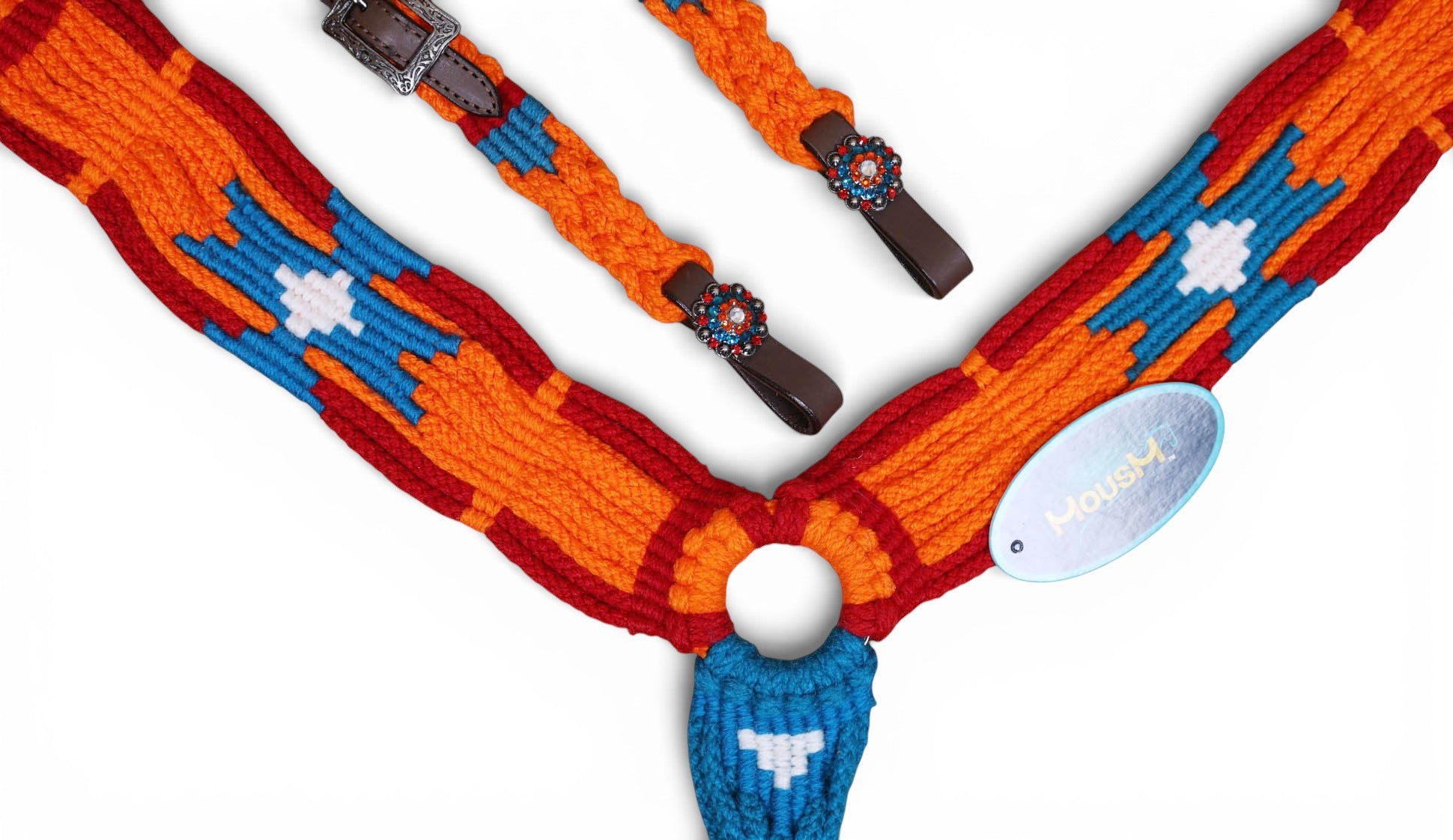 Orange, Blue &amp; Red Mohair Western Headstall Tack Set with 32” Front Girth – Complete 5-Piece Set on Argentina Leather – Antique Copper Hardware – Handcrafted