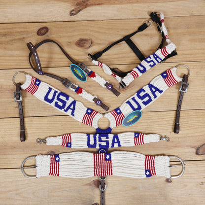 USA Braided American Flag Mohair Western Headstall Tack Set with 32” Front Girth – Red, White &amp; Blue on Argentina Leather – Complete 5-Piece Set – Antique Copper Hardware – Handcrafted
