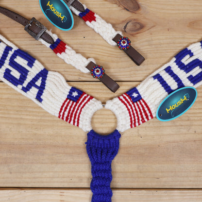 USA Braided American Flag Mohair Western Headstall Tack Set with 32” Front Girth – Red, White &amp; Blue on Argentina Leather – Complete 5-Piece Set – Antique Copper Hardware – Handcrafted
