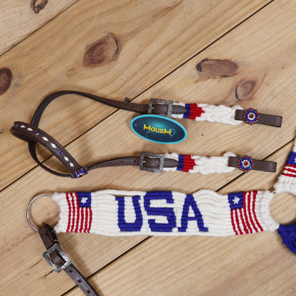 USA Braided American Flag Mohair Western Headstall Tack Set with 32” Front Girth – Red, White &amp; Blue on Argentina Leather – Complete 5-Piece Set – Antique Copper Hardware – Handcrafted