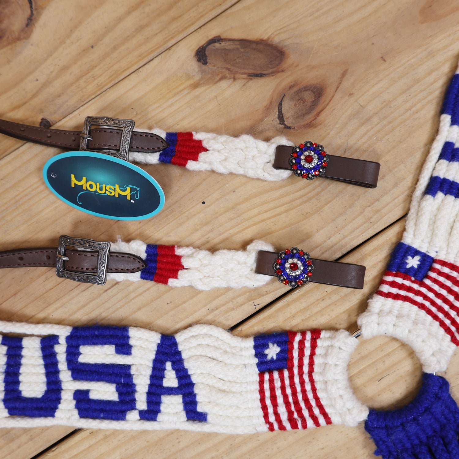 USA Braided American Flag Mohair Western Headstall Tack Set with 32” Front Girth – Red, White &amp; Blue on Argentina Leather – Complete 5-Piece Set – Antique Copper Hardware – Handcrafted