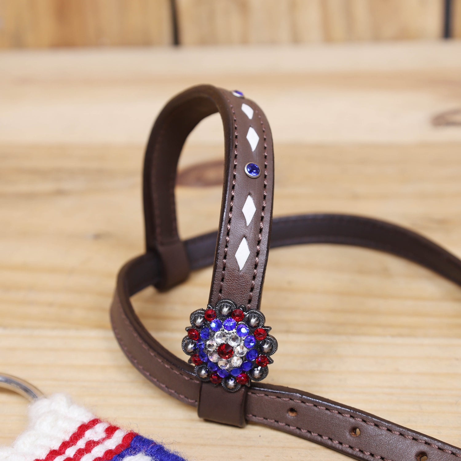 USA Braided American Flag Mohair Western Headstall Tack Set with 32” Front Girth – Red, White &amp; Blue on Argentina Leather – Complete 5-Piece Set – Antique Copper Hardware – Handcrafted