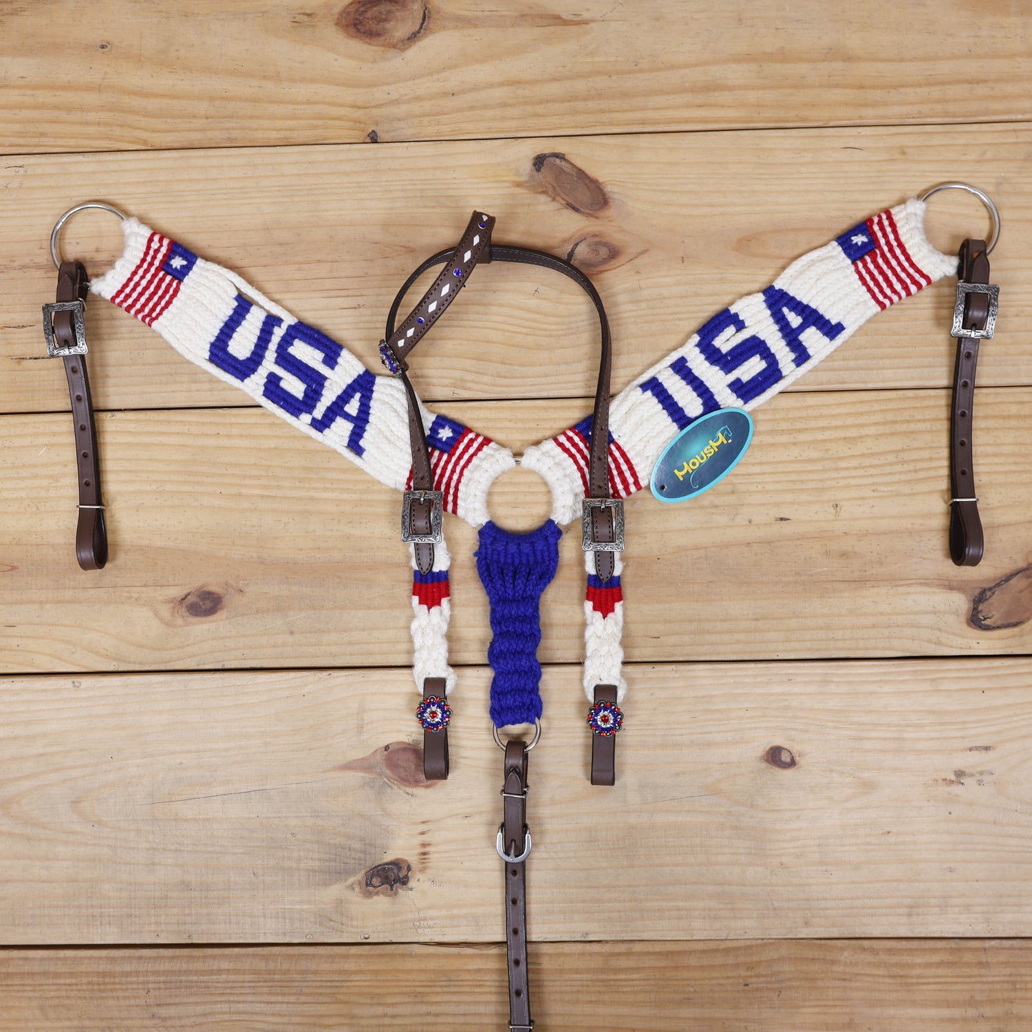 USA Braided American Flag Mohair Western Headstall Tack Set with 32” Front Girth – Red, White &amp; Blue on Argentina Leather – Complete 5-Piece Set – Antique Copper Hardware – Handcrafted