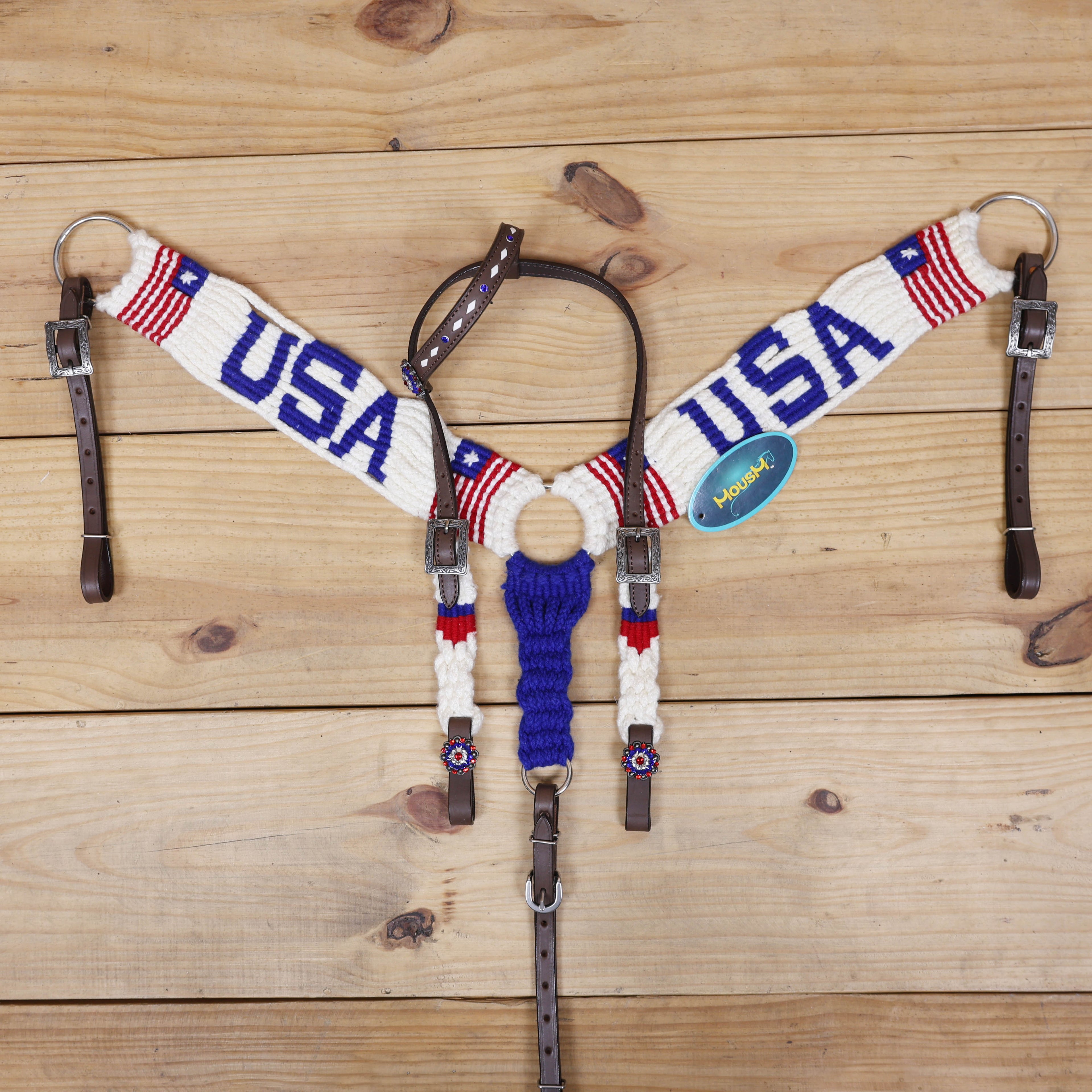USA Braided American Flag Mohair Western Headstall Tack Set with 32” Front Girth – Red, White &amp; Blue on Argentina Leather – Complete 5-Piece Set – Antique Copper Hardware – Handcrafted